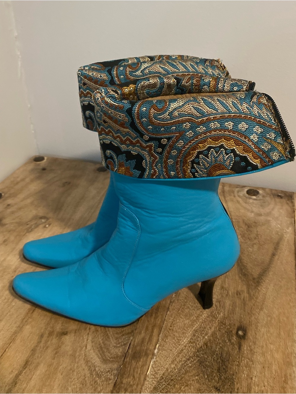 Zeyzani handmadeTurquoise leather Ankle Boots with Paisley embroidered Cuff